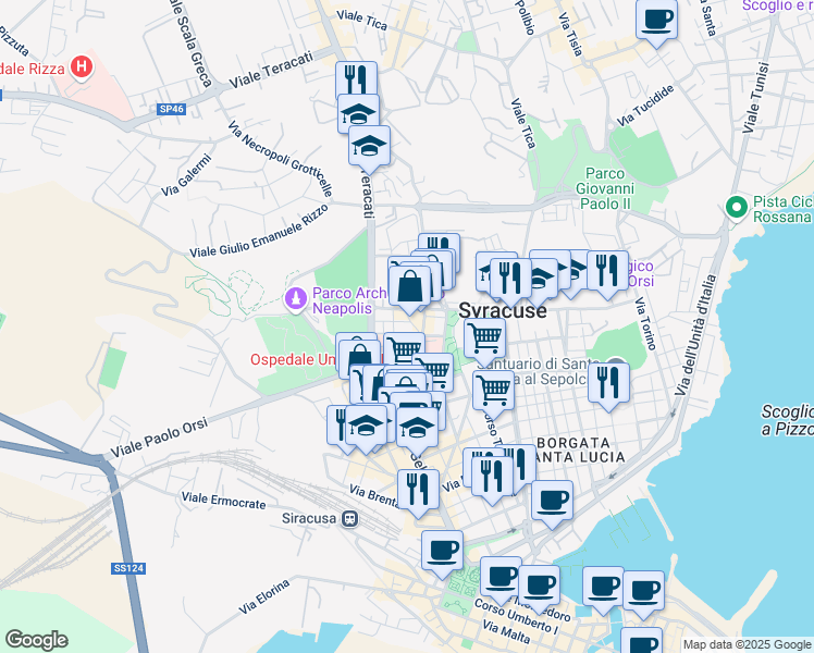 map of restaurants, bars, coffee shops, grocery stores, and more near in Siracusa
