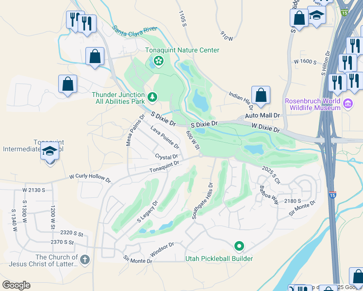 map of restaurants, bars, coffee shops, grocery stores, and more near 668 Lava Pointe Drive in St. George