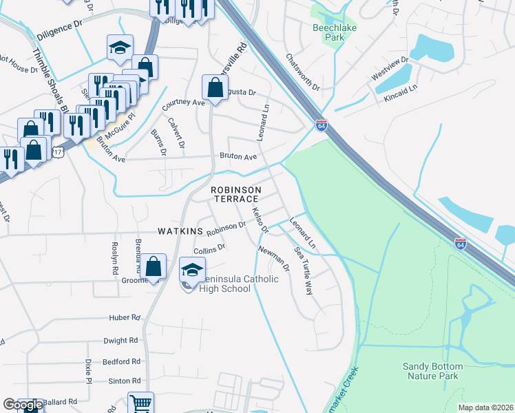 map of restaurants, bars, coffee shops, grocery stores, and more near 244 Benns Road in Newport News