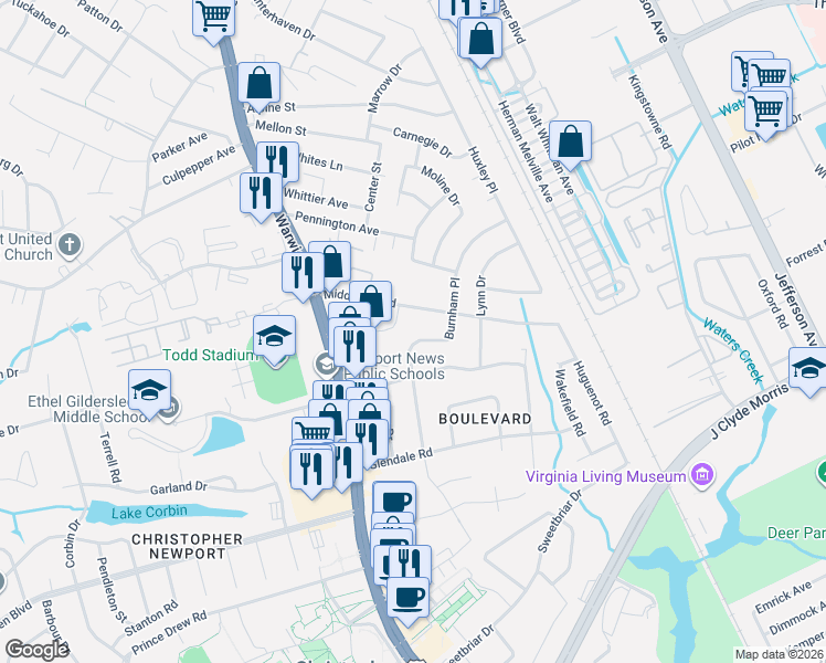 map of restaurants, bars, coffee shops, grocery stores, and more near 44 Middlesex Road in Newport News