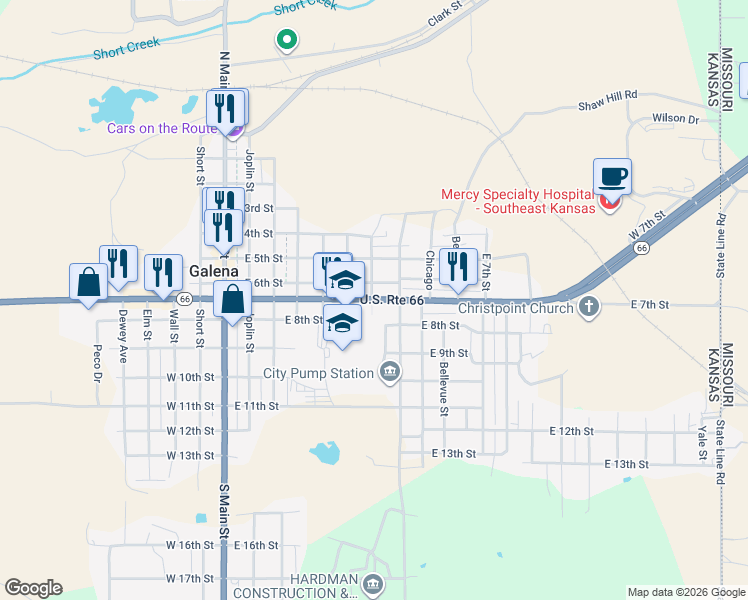 map of restaurants, bars, coffee shops, grocery stores, and more near 702 East 7th Street in Galena