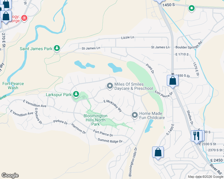 map of restaurants, bars, coffee shops, grocery stores, and more near 1040 East Fort Pierce Drive in St. George