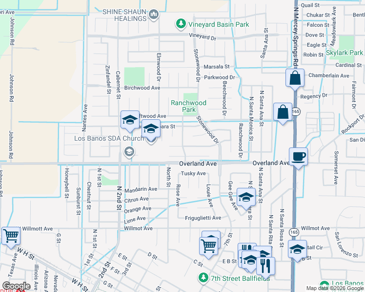 map of restaurants, bars, coffee shops, grocery stores, and more near Cottonwood Drive & Olivewood Court in Los Banos