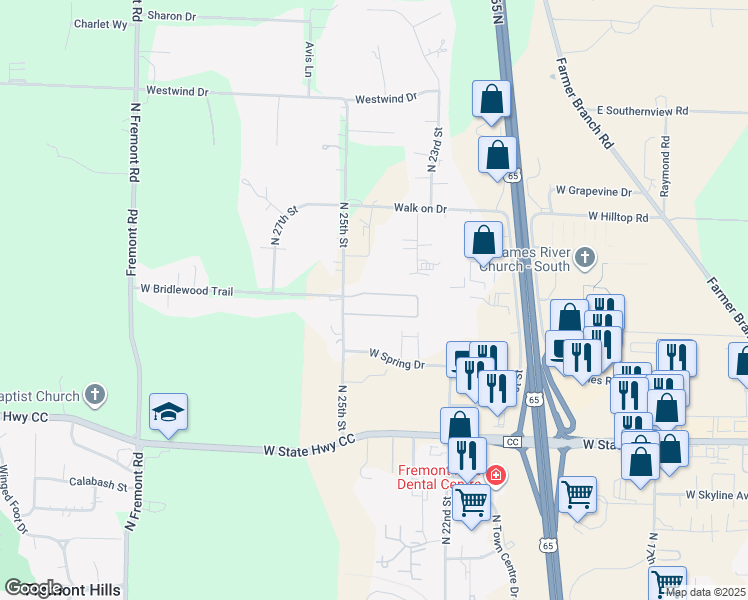 map of restaurants, bars, coffee shops, grocery stores, and more near 2401 West Bridlewood Trail in Ozark