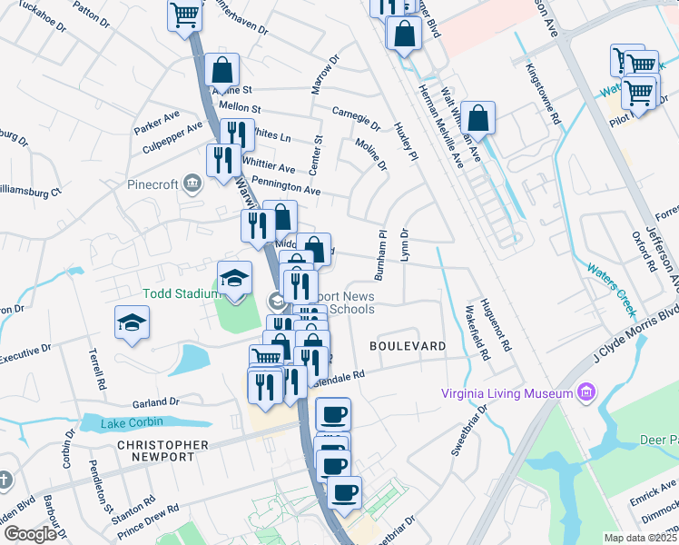 map of restaurants, bars, coffee shops, grocery stores, and more near 20 Heath Place in Newport News