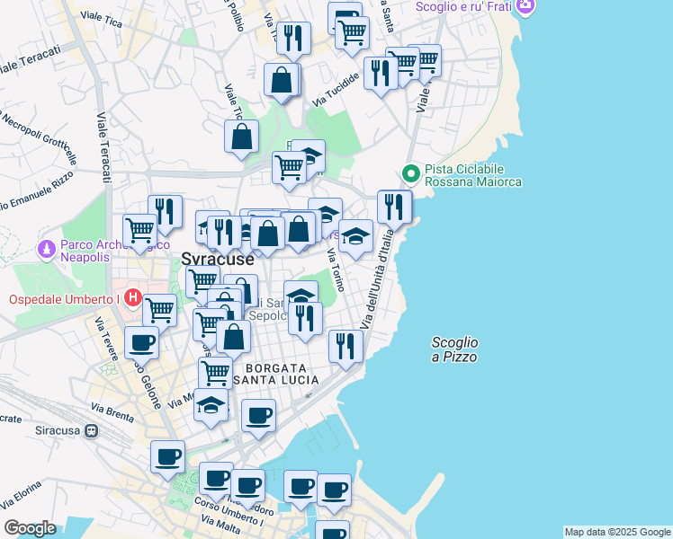 map of restaurants, bars, coffee shops, grocery stores, and more near 61 Via Milano in Siracusa