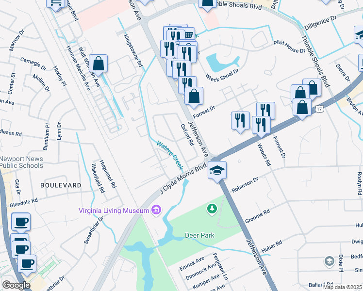 map of restaurants, bars, coffee shops, grocery stores, and more near 12 Carriage Lane in Newport News