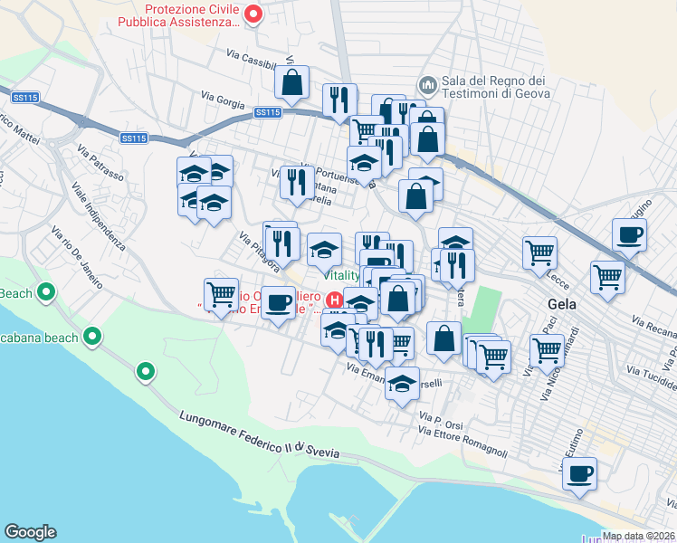 map of restaurants, bars, coffee shops, grocery stores, and more near 69 Via Sallustio in Gela