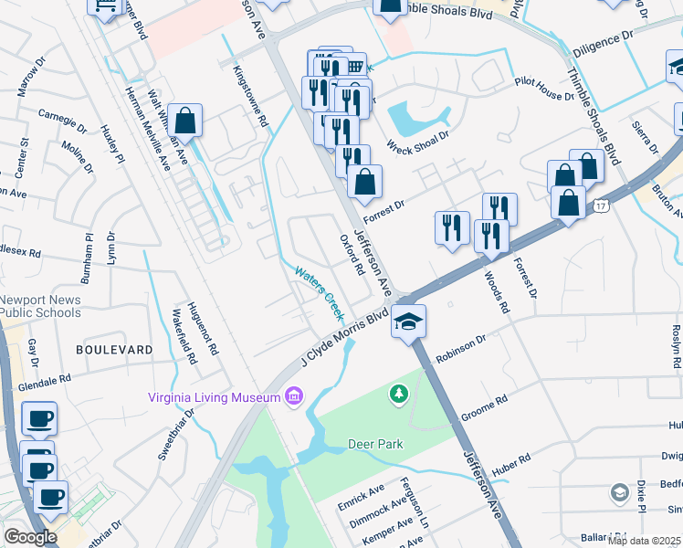 map of restaurants, bars, coffee shops, grocery stores, and more near 12 Carriage Lane in Newport News