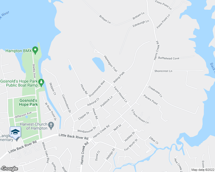 map of restaurants, bars, coffee shops, grocery stores, and more near 219 Drummonds Way in Hampton