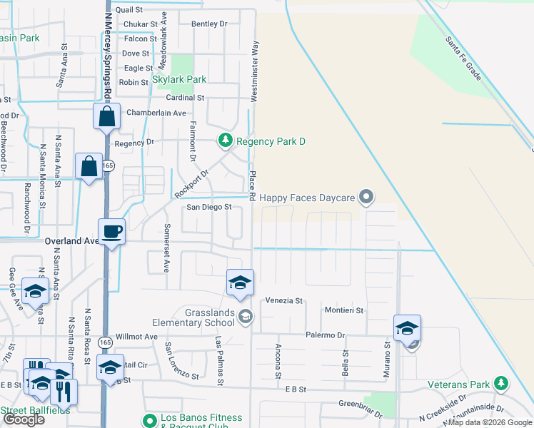 map of restaurants, bars, coffee shops, grocery stores, and more near 448 Barrett Lane in Los Banos