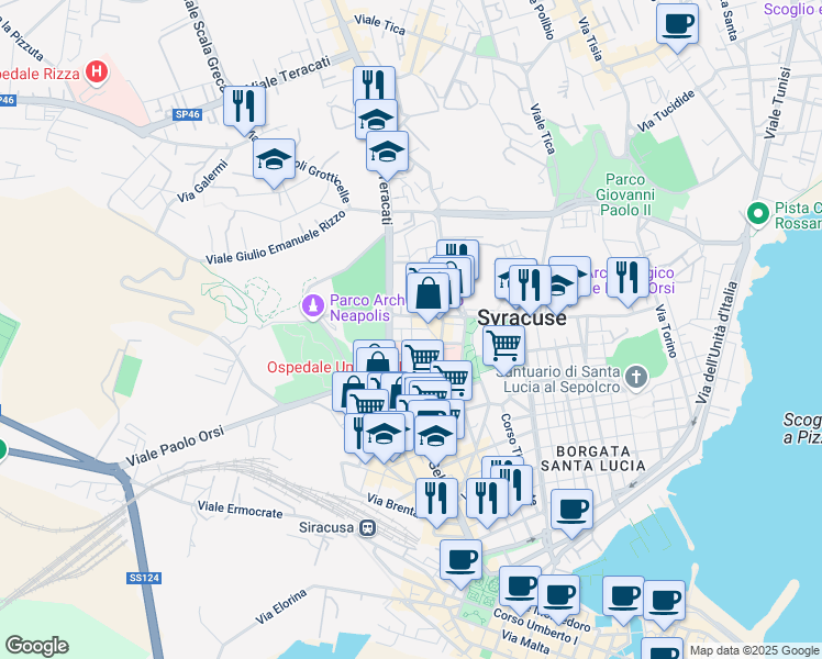 map of restaurants, bars, coffee shops, grocery stores, and more near 149 Viale Teocrito in Syracuse