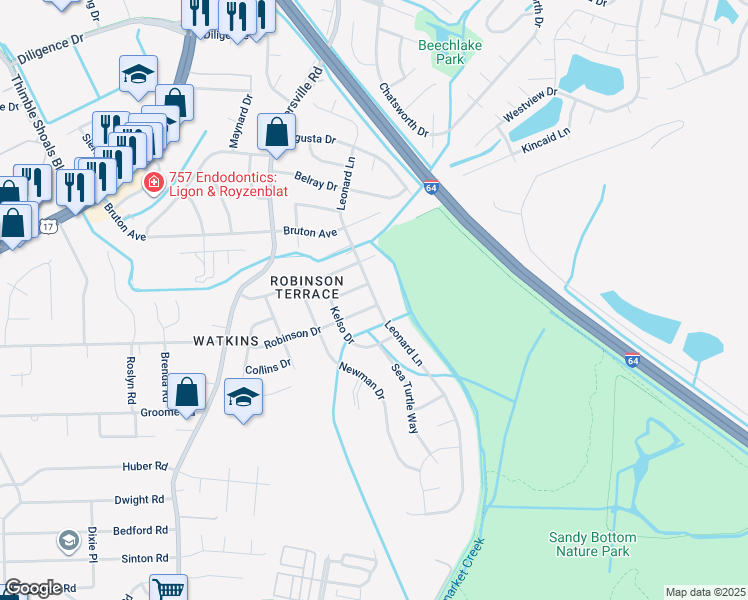 map of restaurants, bars, coffee shops, grocery stores, and more near 613 Leonard Ln in Newport News