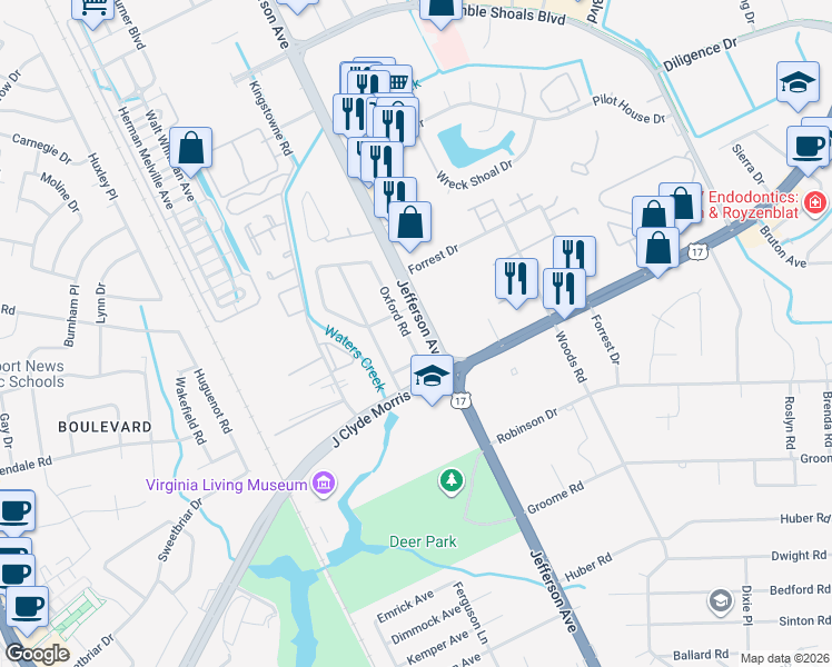 map of restaurants, bars, coffee shops, grocery stores, and more near 26 Oxford Road in Newport News