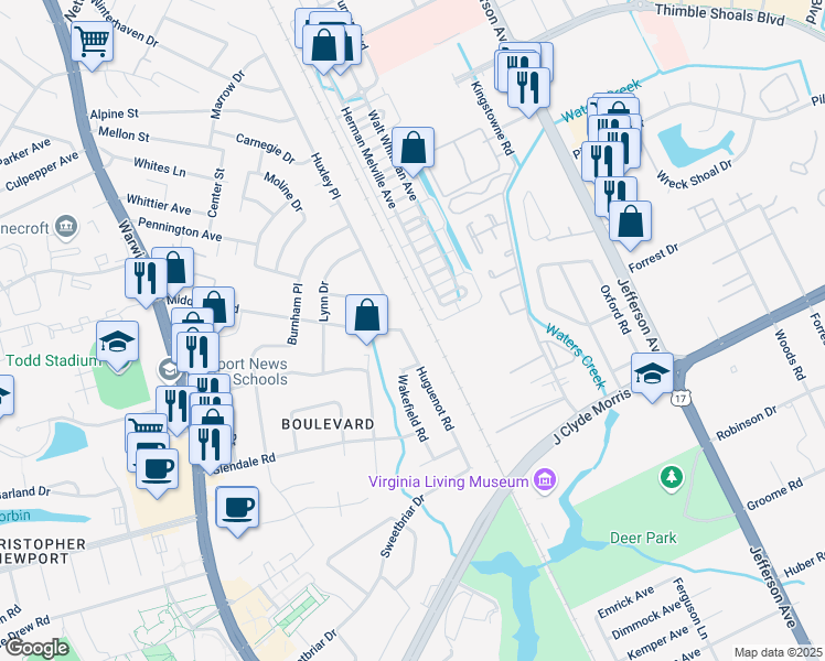 map of restaurants, bars, coffee shops, grocery stores, and more near 81 Middlesex Road in Newport News