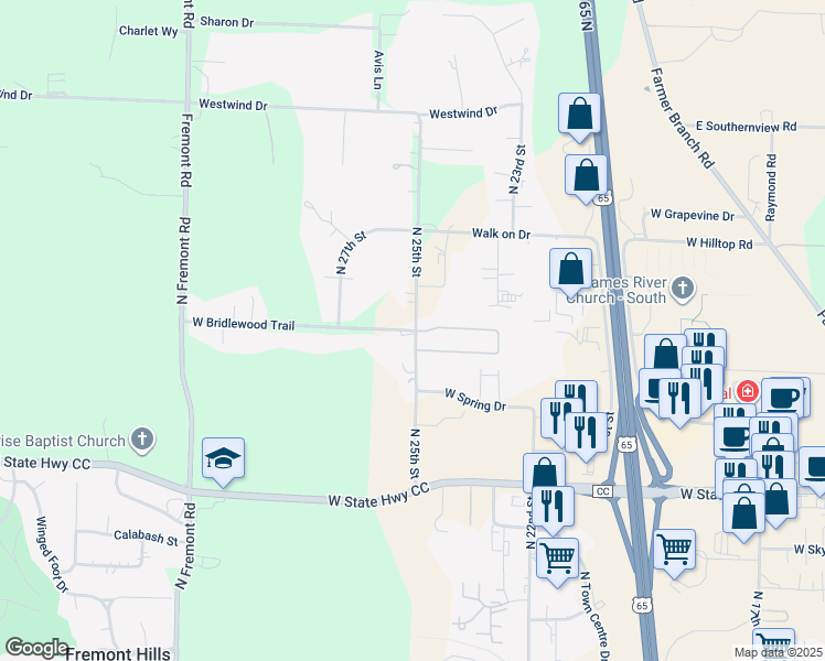 map of restaurants, bars, coffee shops, grocery stores, and more near 2401 West Bridlewood Trail in Ozark