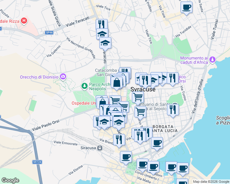 map of restaurants, bars, coffee shops, grocery stores, and more near in Siracusa