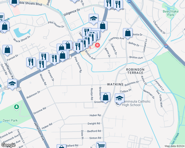 map of restaurants, bars, coffee shops, grocery stores, and more near 712 Roslyn Road in Newport News
