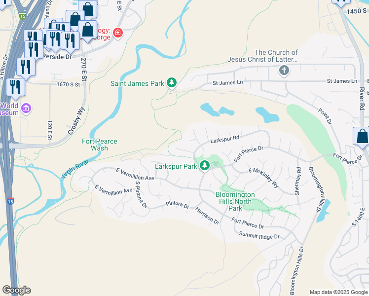 map of restaurants, bars, coffee shops, grocery stores, and more near 715 Madera Place in St. George