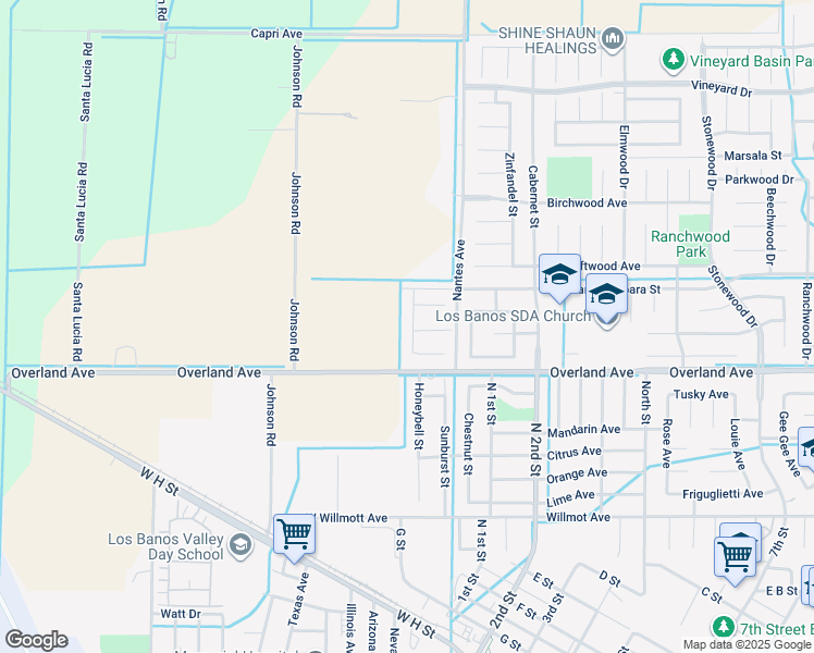 map of restaurants, bars, coffee shops, grocery stores, and more near 153 Meridian Court in Los Banos