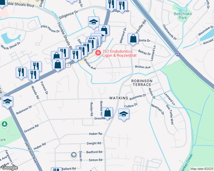 map of restaurants, bars, coffee shops, grocery stores, and more near 712 Gregorys Way in Newport News