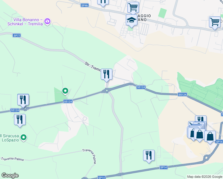 map of restaurants, bars, coffee shops, grocery stores, and more near 20 Via per Floridia in Siracusa
