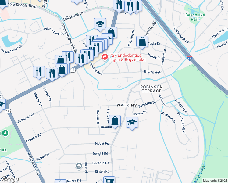 map of restaurants, bars, coffee shops, grocery stores, and more near 712 Gregorys Way in Newport News
