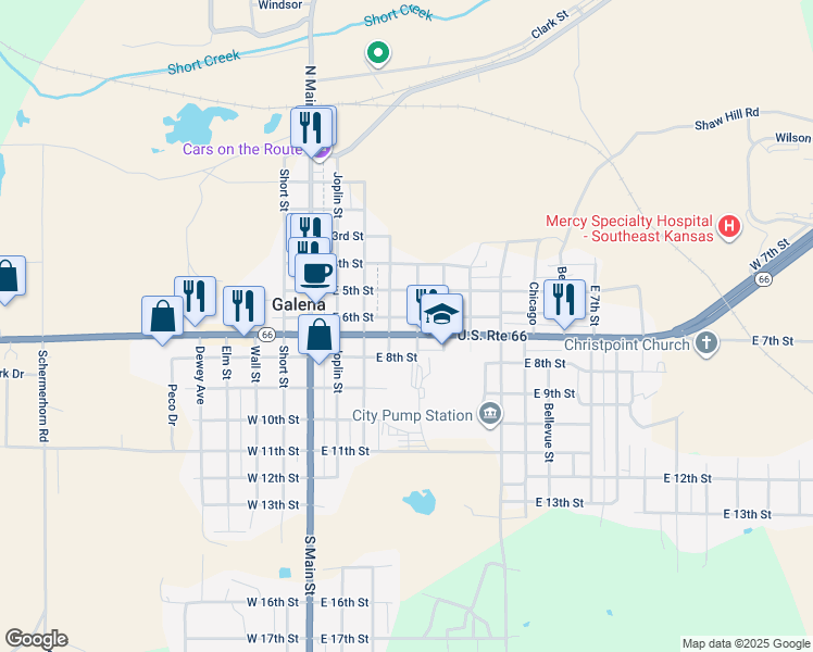 map of restaurants, bars, coffee shops, grocery stores, and more near 401-499 East 6th Street in Galena