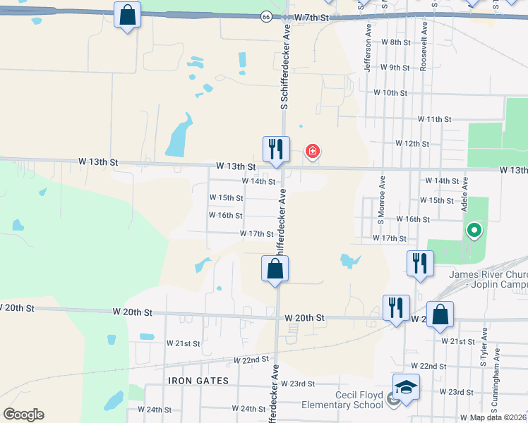 map of restaurants, bars, coffee shops, grocery stores, and more near 2932 West 15th Street in Joplin
