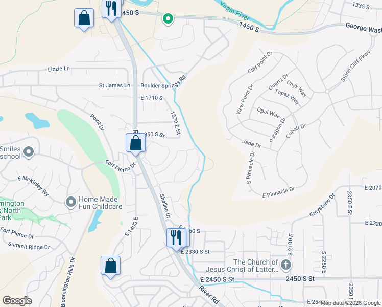 map of restaurants, bars, coffee shops, grocery stores, and more near 1648 Dihedral Drive in St. George
