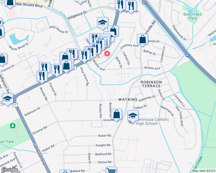 map of restaurants, bars, coffee shops, grocery stores, and more near 710 Brenda Road in Newport News