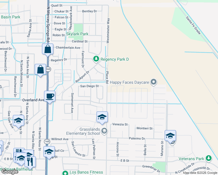 map of restaurants, bars, coffee shops, grocery stores, and more near 451 Barrett Lane in Los Banos
