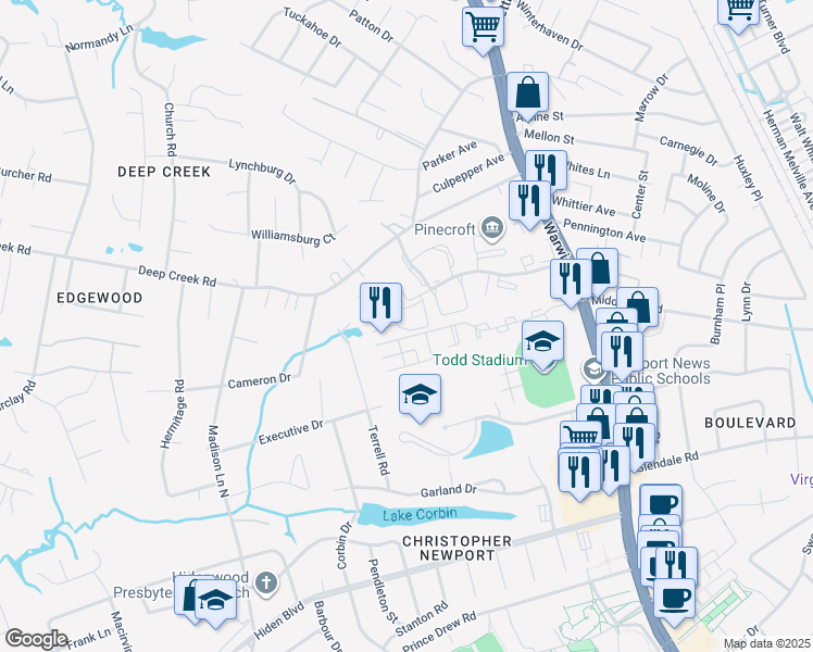 map of restaurants, bars, coffee shops, grocery stores, and more near 600 Huntgate Circle in Newport News