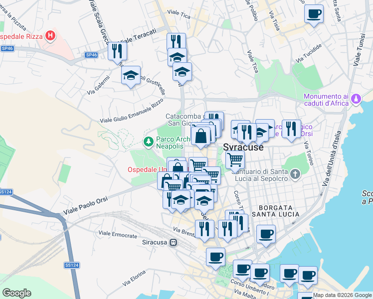 map of restaurants, bars, coffee shops, grocery stores, and more near 143 Viale Teocrito in Siracusa