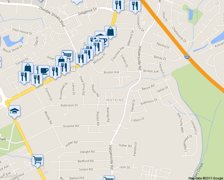 map of restaurants, bars, coffee shops, grocery stores, and more near 712 Gregorys Way in Newport News