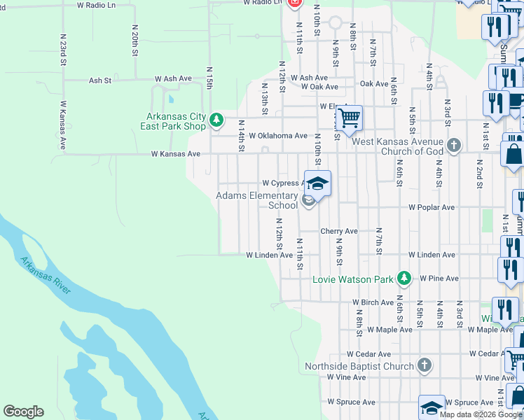 map of restaurants, bars, coffee shops, grocery stores, and more near 1300-1398 West Poplar Avenue in Arkansas City