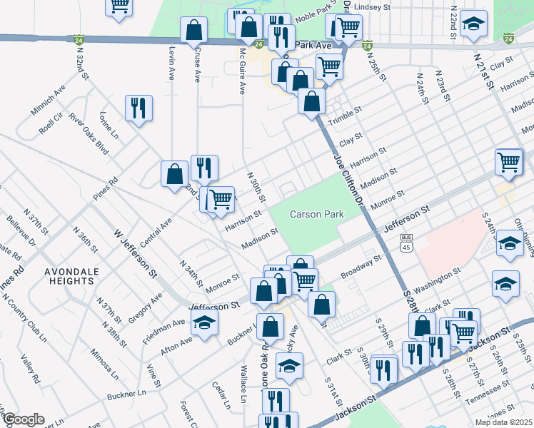 map of restaurants, bars, coffee shops, grocery stores, and more near 3000 Harrison Street in Paducah