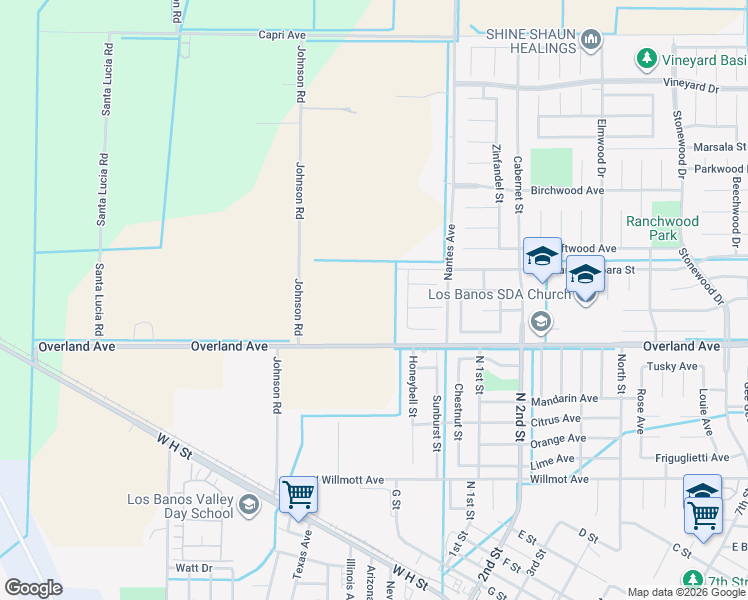 map of restaurants, bars, coffee shops, grocery stores, and more near 20176 Overland Avenue in Los Banos