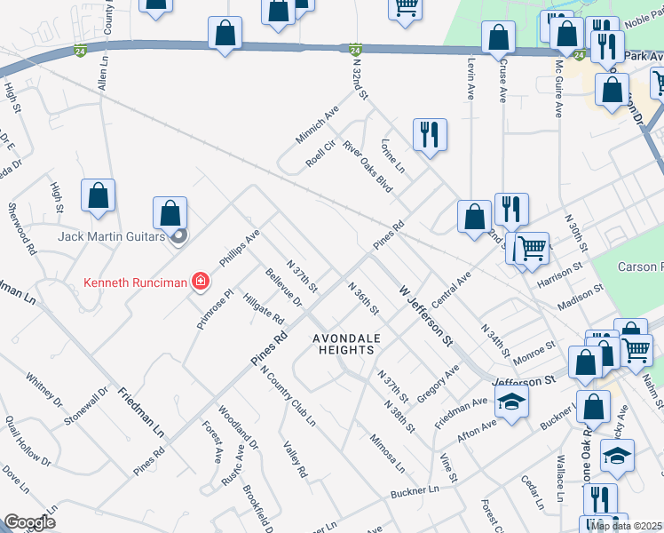 map of restaurants, bars, coffee shops, grocery stores, and more near 716 North 36th Street in Paducah