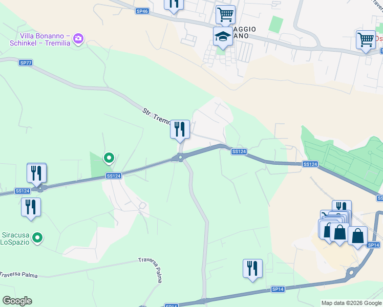 map of restaurants, bars, coffee shops, grocery stores, and more near 20 Via per Floridia in Siracusa