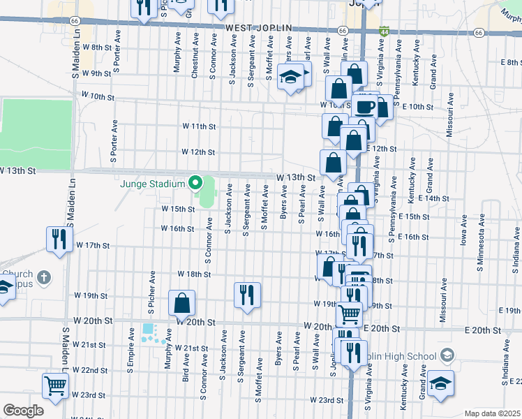 map of restaurants, bars, coffee shops, grocery stores, and more near 1415 South Moffet Avenue in Joplin