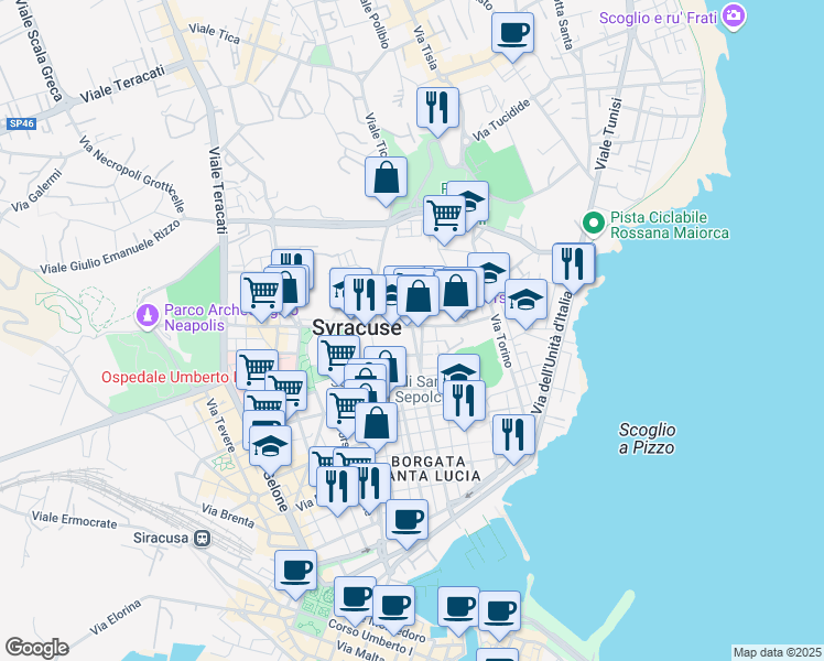 map of restaurants, bars, coffee shops, grocery stores, and more near 38 Viale Teocrito in Syracuse