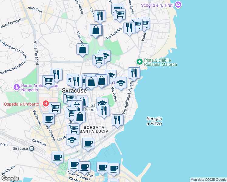 map of restaurants, bars, coffee shops, grocery stores, and more near 61 Via Milano in Siracusa