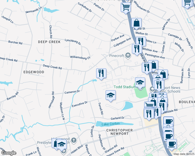 map of restaurants, bars, coffee shops, grocery stores, and more near 168 Wellesley Drive in Newport News
