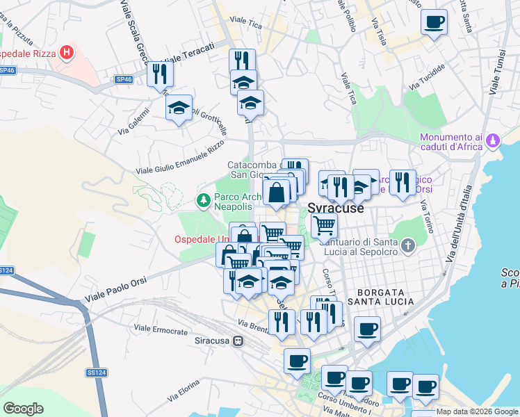 map of restaurants, bars, coffee shops, grocery stores, and more near 143 Viale Teocrito in Siracusa