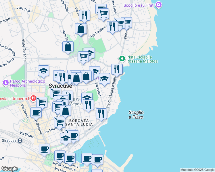 map of restaurants, bars, coffee shops, grocery stores, and more near 20 Via Bologna in Syracuse