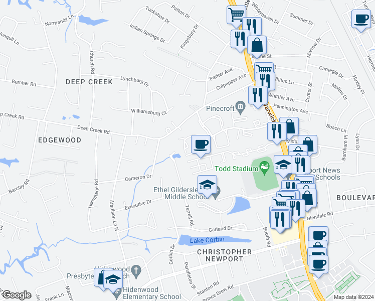 map of restaurants, bars, coffee shops, grocery stores, and more near 166 Wellesley Drive in Newport News