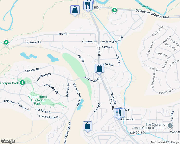 map of restaurants, bars, coffee shops, grocery stores, and more near 1922 Point Drive in St. George