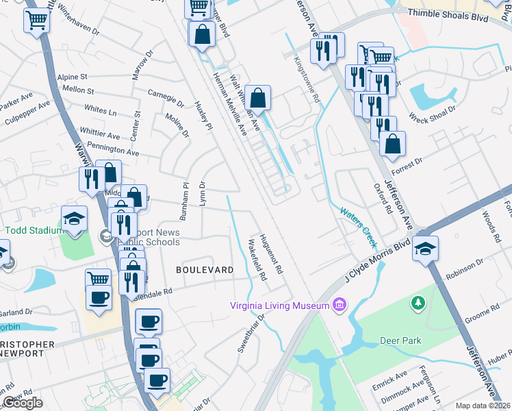 map of restaurants, bars, coffee shops, grocery stores, and more near 81 Middlesex Road in Newport News