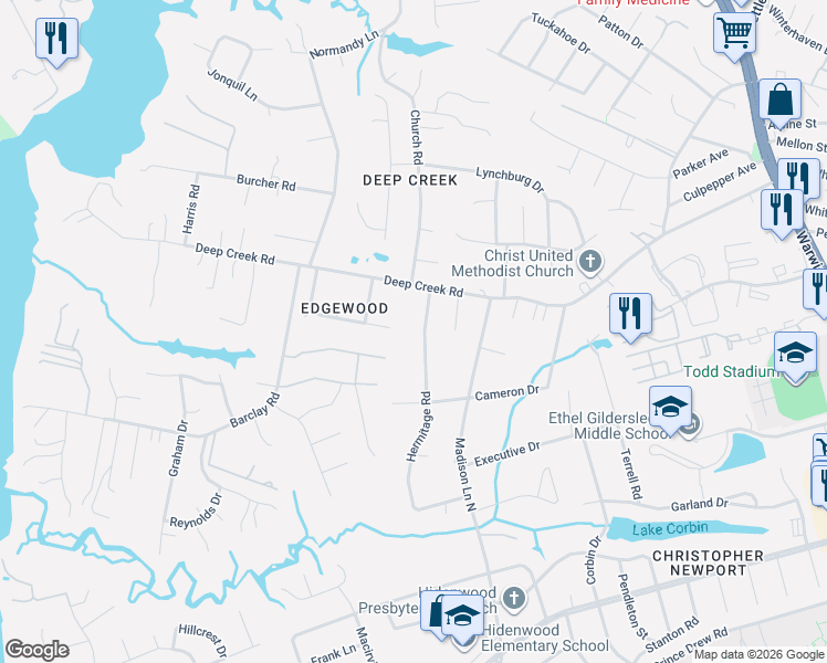 map of restaurants, bars, coffee shops, grocery stores, and more near 144 Hermitage Road in Newport News